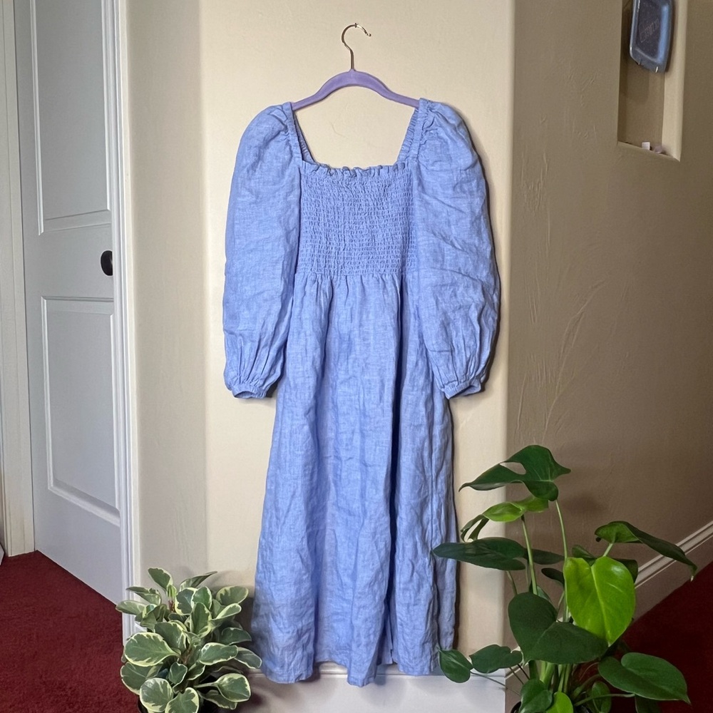 Blue Smocked Puff Sleeve Dress
